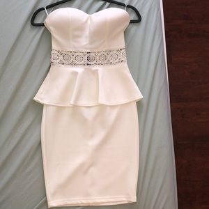 White strapless dress with lace & ruffle detail